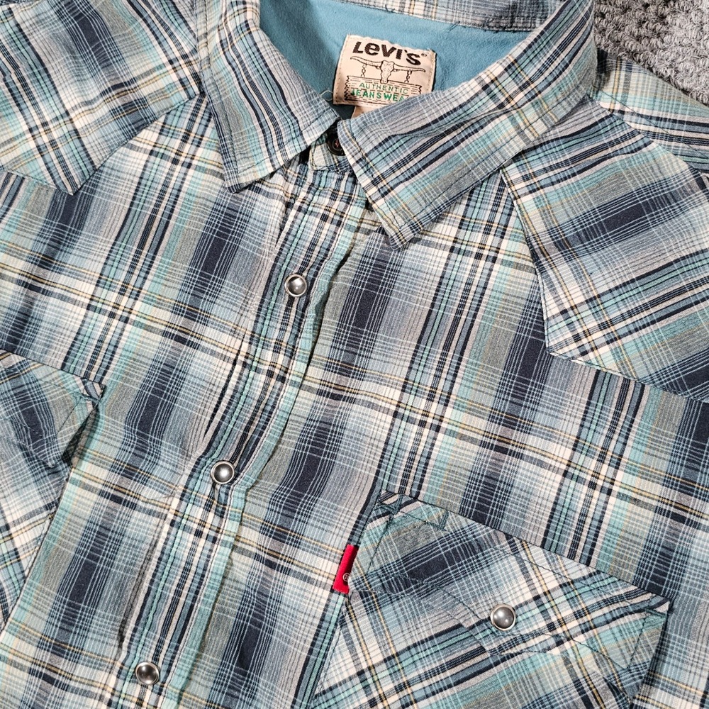 Vintage Levi's Plaid Western‎ Shirt Short Sleeve Pearl Snap Button Up Cowboy XL
